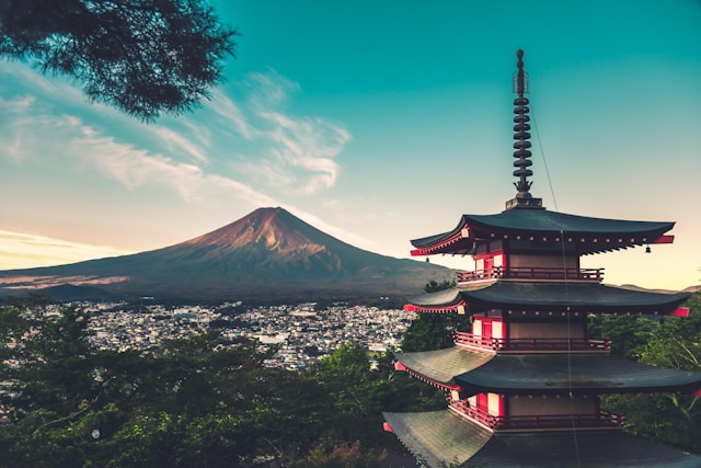 Mount Fuji with one of the Fuji five lakes in the foreground
