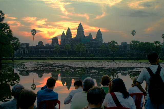 The sun sets on Angkor Wat in Cambodia