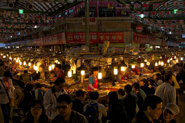 Street food in the night market in Seoul, South Korea.