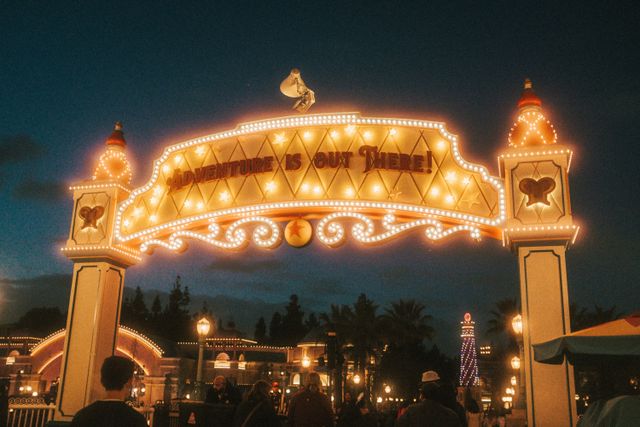 Entrance sign at a lively theme park, glowing with lights during night time