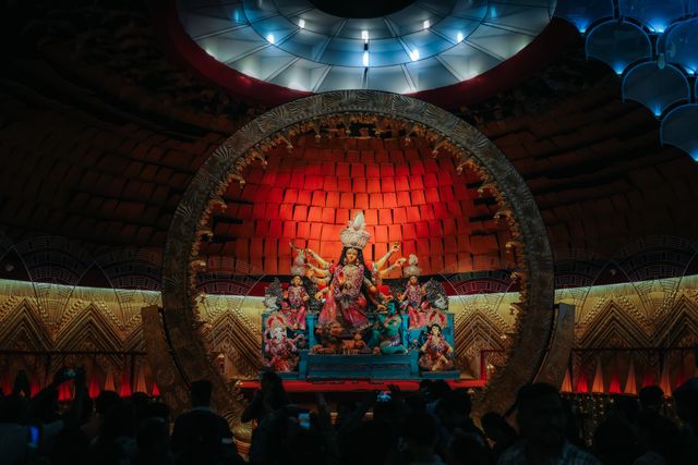 People celebrating Durga Puja Pandal, the biggest religious festival of Hinduism and local Bengali community, Tripura, India