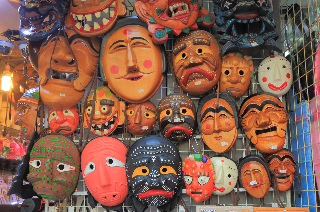 Masks on display at a Souvenir shop in Insadong Ssamji shopping street in Seoul South Korea - shopping in seoul