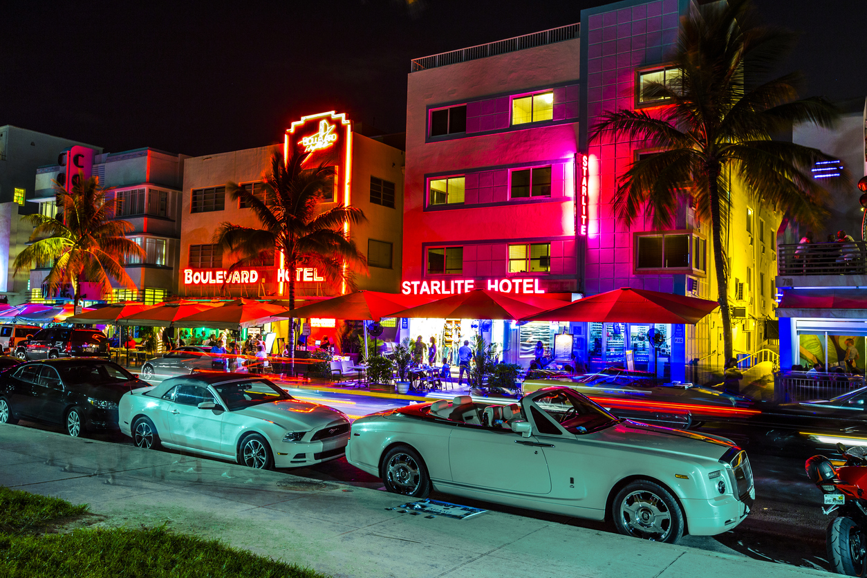 Night view at Ocean drive in South Miami