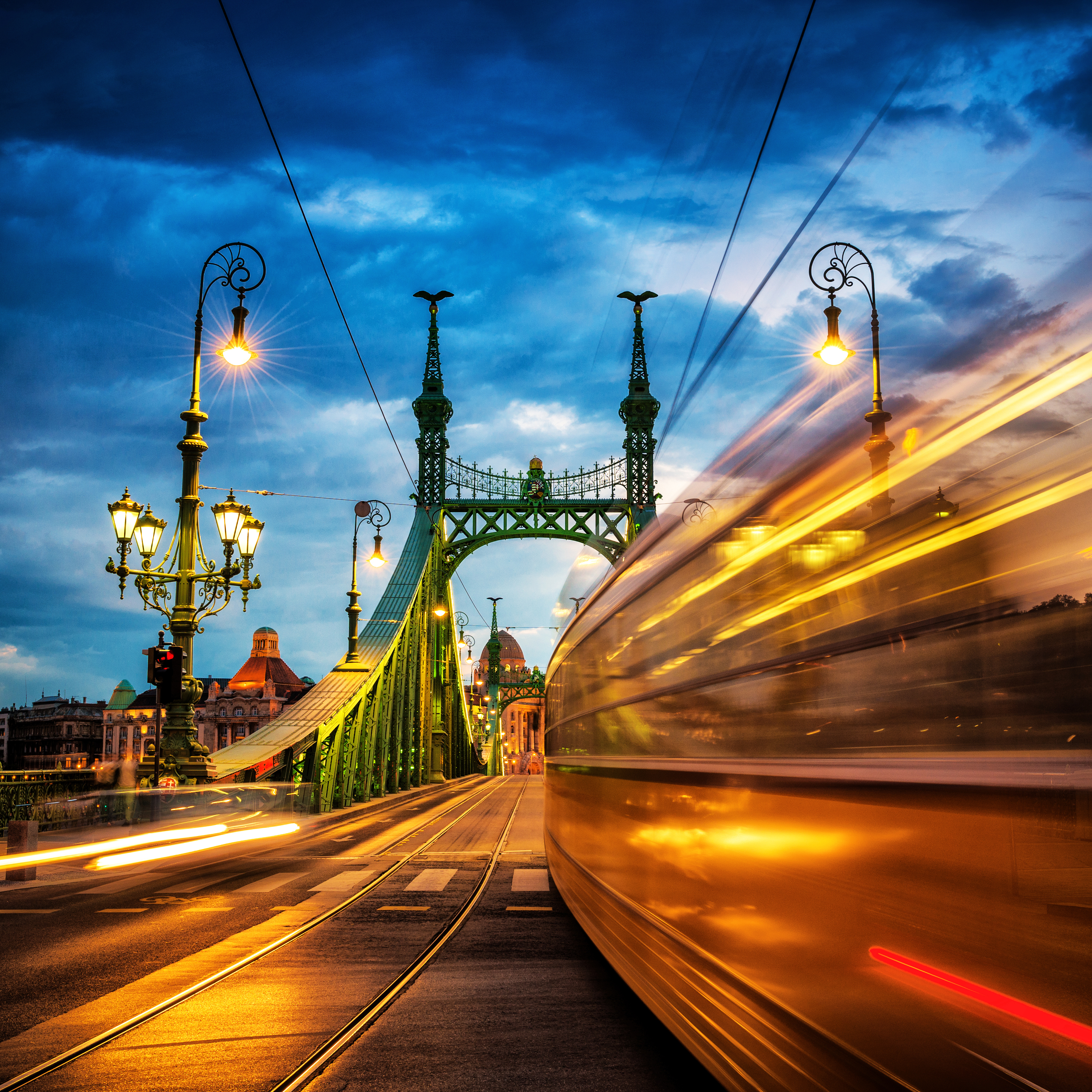 Moving Trams on Margaret Bridge, Budapest