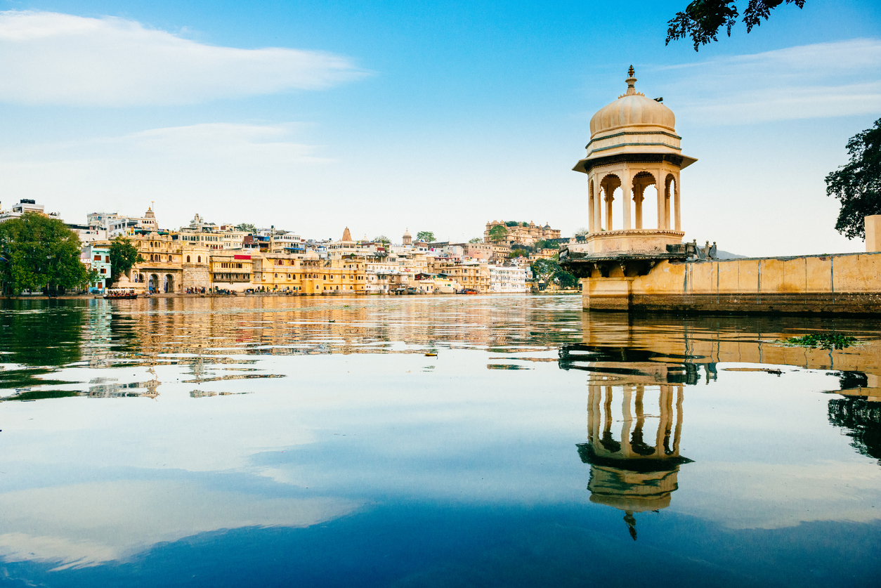 Udaipur Skyline from the Lake Pichola, Rajasthan. India, the most beautiful cities in india