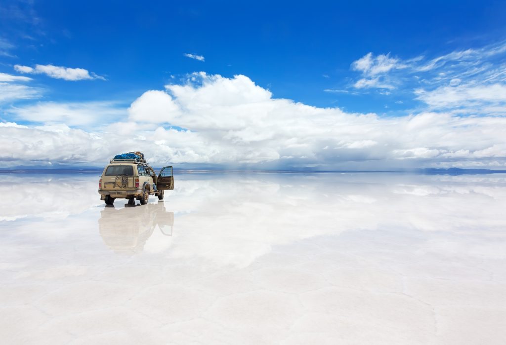 Jeep reflected on the salt flats of Bolivia, Year of RV Travel