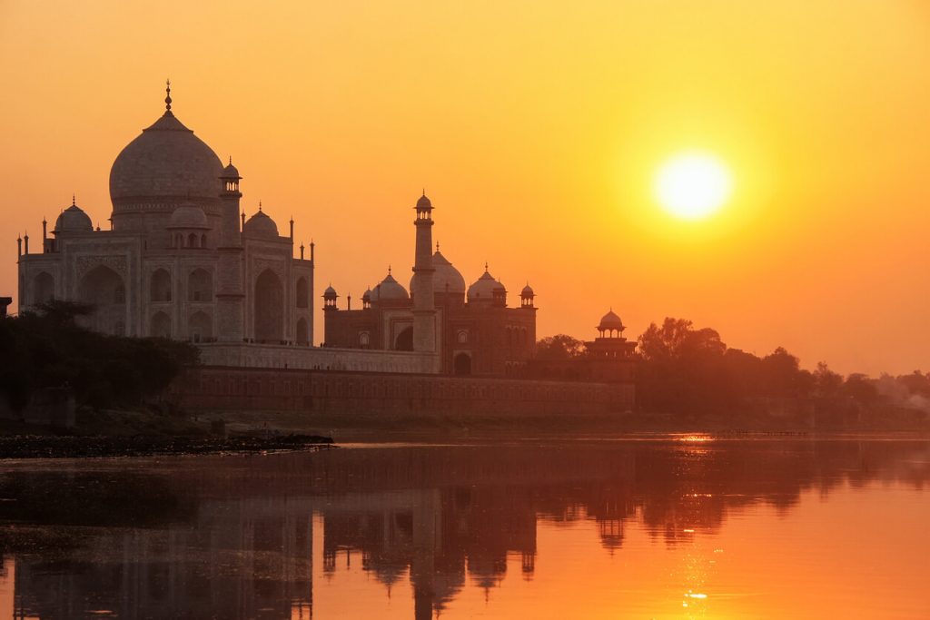 Sunset over the Taj Mahal and the Yamuna River