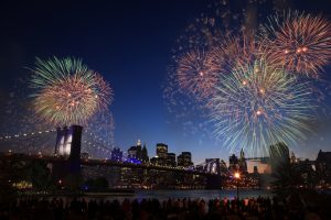 Fireworks over the Brooklyn Bridge in New York City