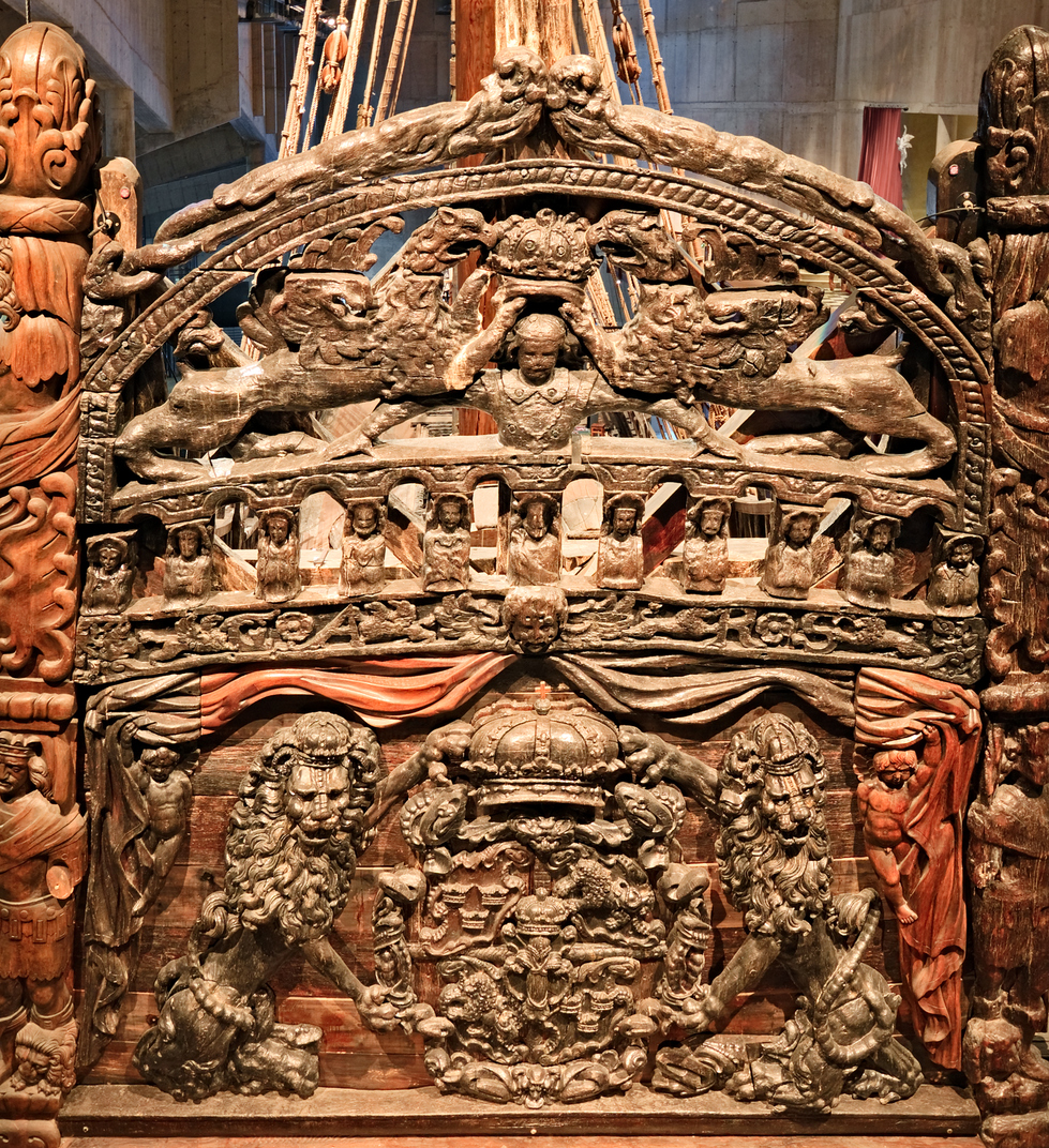 Stern detail of historical Vasa ship, Stockholm