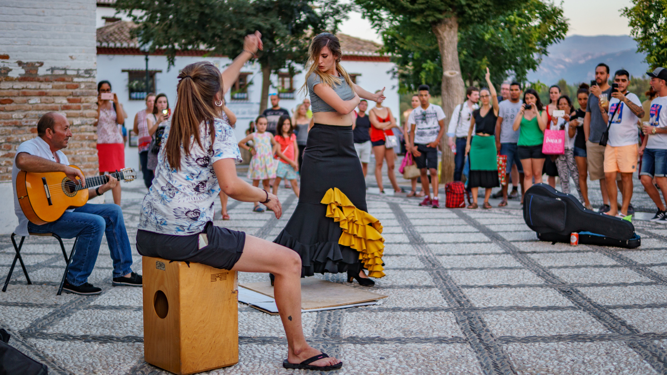 Flamenco dancer dances for tourists in St. Nicolas viewpoint, Barcelona a great party city