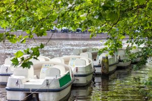 Pedal boats for rent in one of the canals of Amsterdam