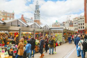 Floating flower market in Amsterdam, Netherlands.