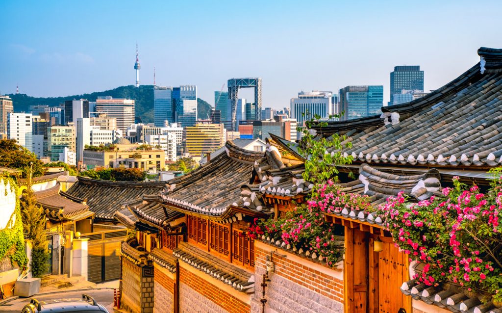 Bukchon Hanok Village with modern building in Seoul, South Korea, Things to do in Korea