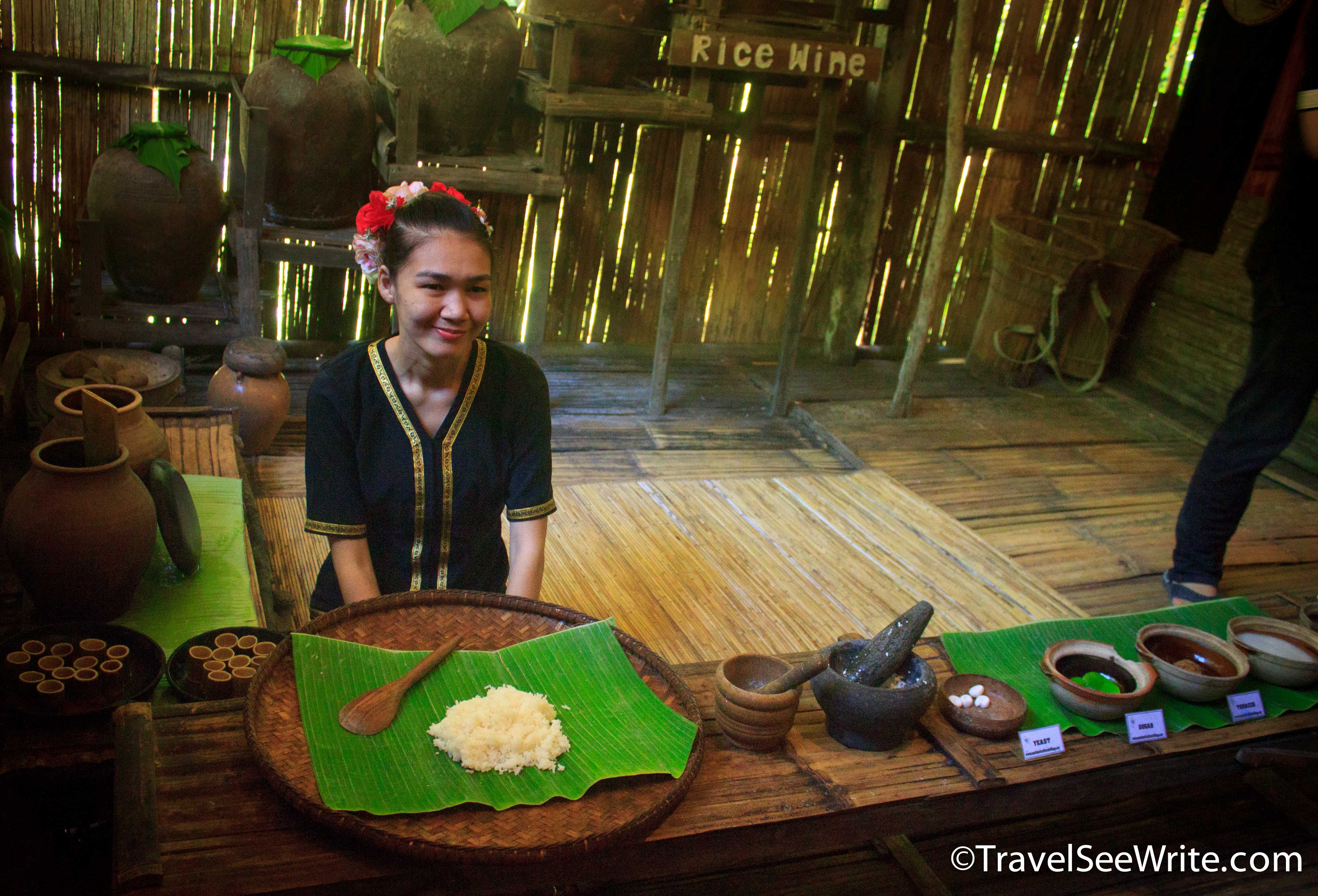 Mari Mari village tribe woman showing how rice wine is made at home, Sabah, Malaysia - southeast asia travel