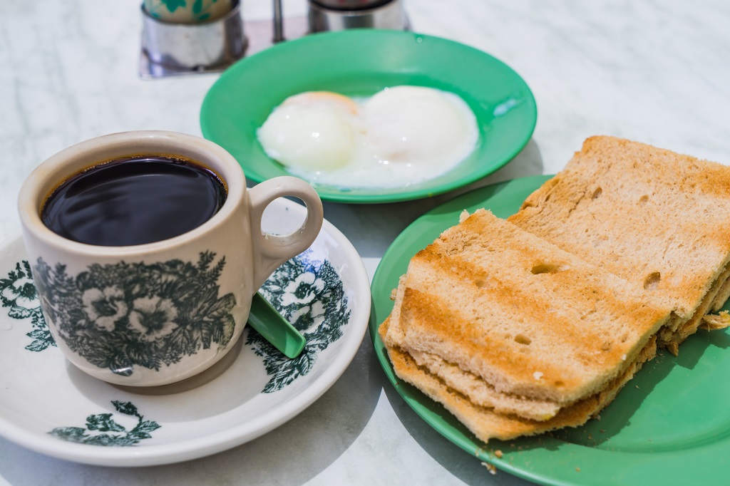 Singapore Breakfast Kaya Toast, Coffee bread and Half-boiled eggs