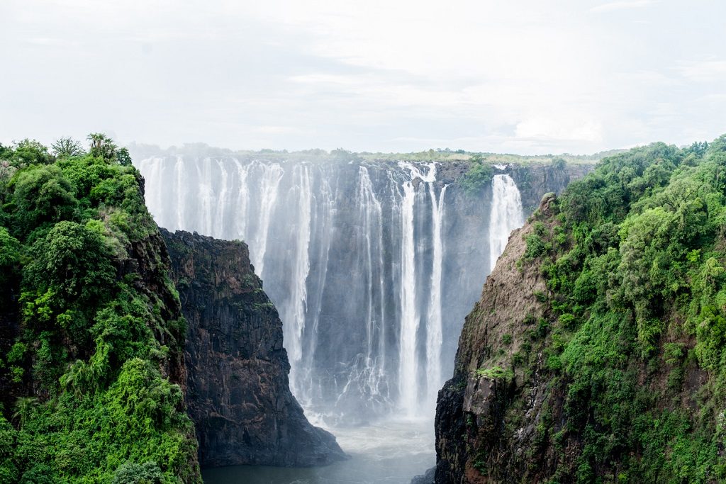 Victoria Falls, the smoke that thunders or Mosi-oa-Tunya. Border between Zambia and Zimbabwe. Africa