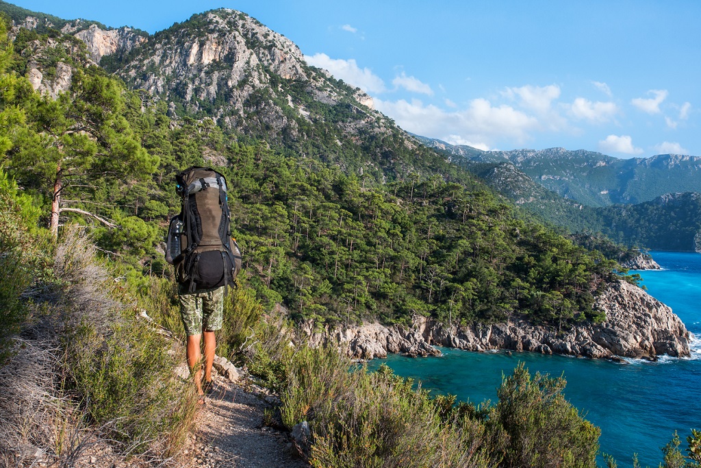 Hiking in Turkey. Lycian Way. Backpacker by the sea. The track is completed, Hiking Shoes