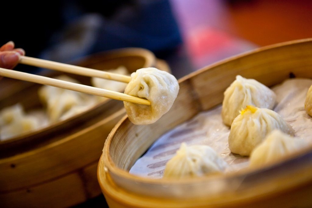 Steamed Dim Sum (Yum Cha) dumplings served from bamboo steamers