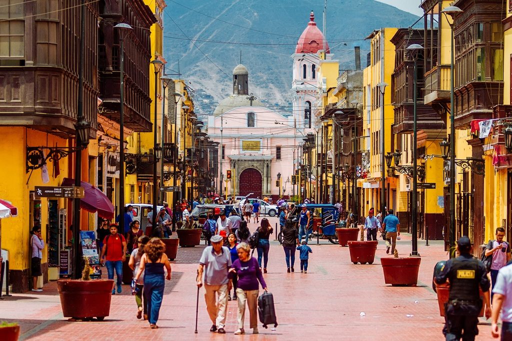 Lima, Peru - February 2, 2018: Daily image of passers-by strolling through the streets of Rimac, in the metropolitan area of Lima, Peru