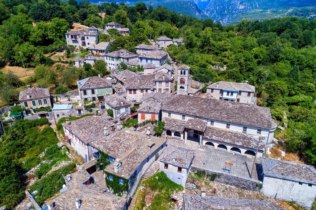 aerial view of old stone houses in the village Dilofo of Zagorochoria, Epirus, Western Greece