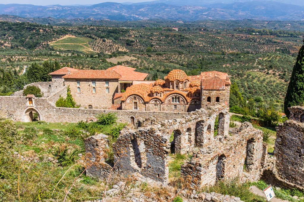 Byzantine church in medieval city of Mystras, Peloponnes, Laconia, Greece
