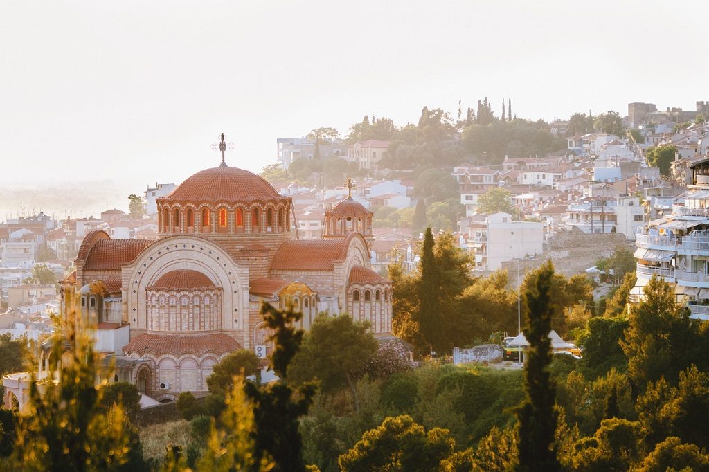 View of the Church St. Paul and Thessaloniki city at sunset, Greece