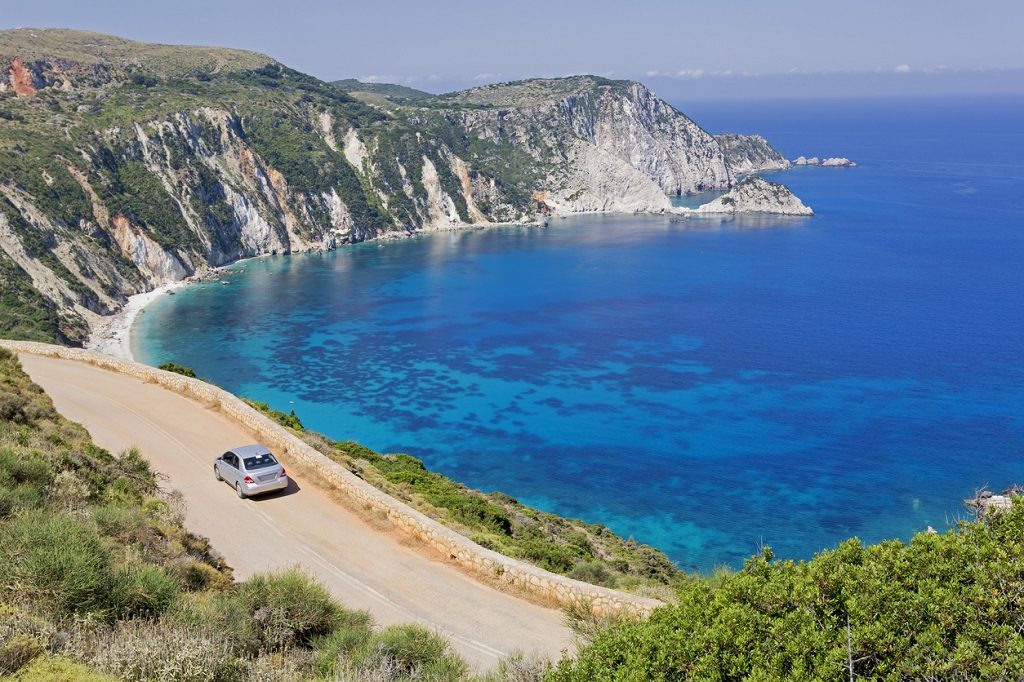 High angle view of Petani beach and cliffs in Kefalonia, Greece.