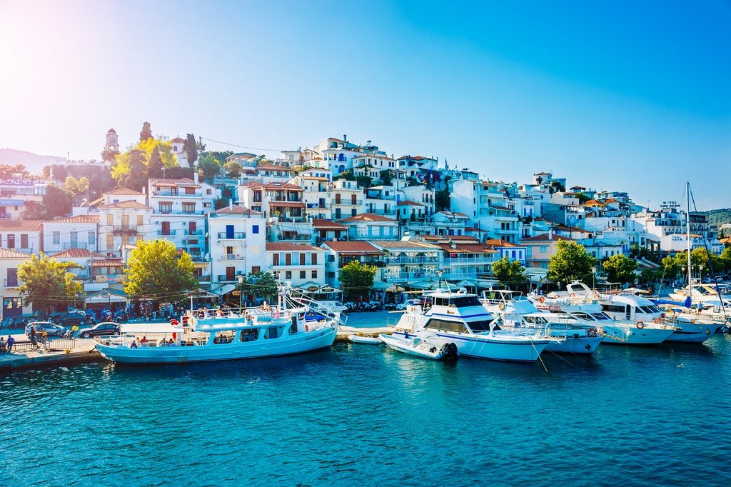 Skiathos town, Skiathos island, Sporades, Greece in afternoon.