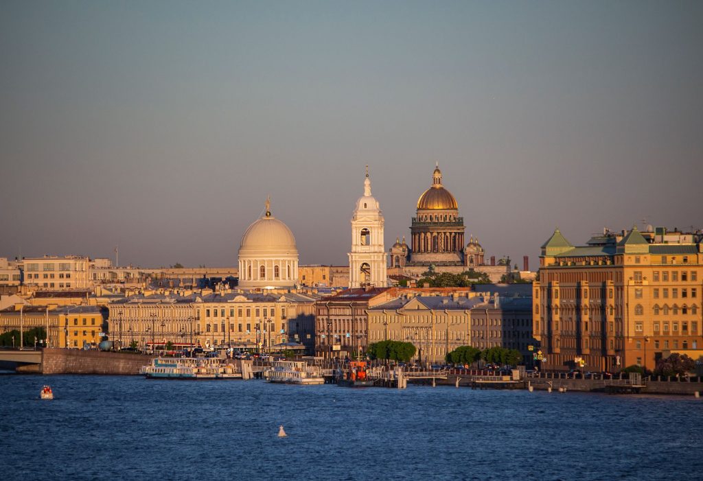 View of the St. Petersburg and the Neva River, Russia. St. Isaac's Cathedral in the distance