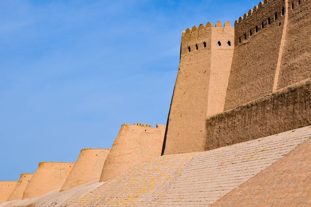 View of the ancient wall of Khiva, in Uzbekistan.