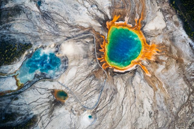 An aerial view of the incredible Grand Prismatic Spring in Wyoming, USA's Yellowstone National Park