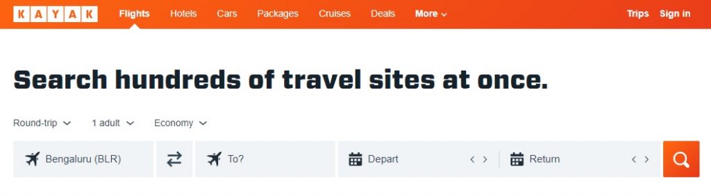 Kayak website homepage