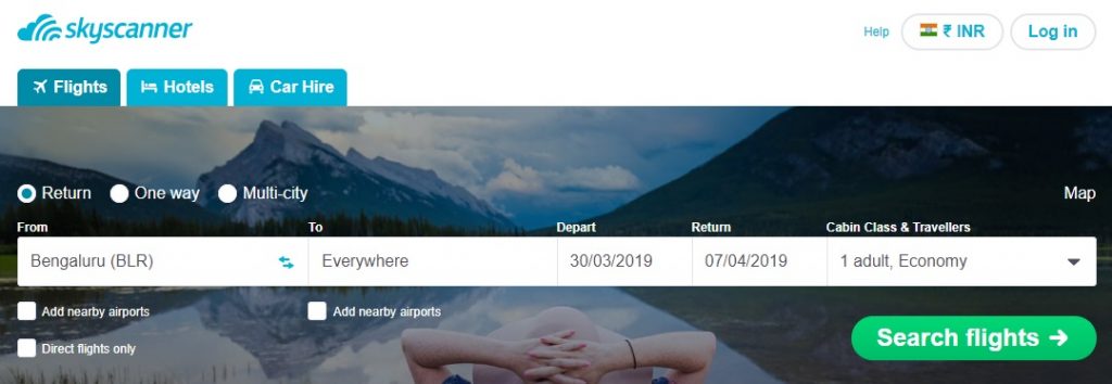 Skyscanner website homepage