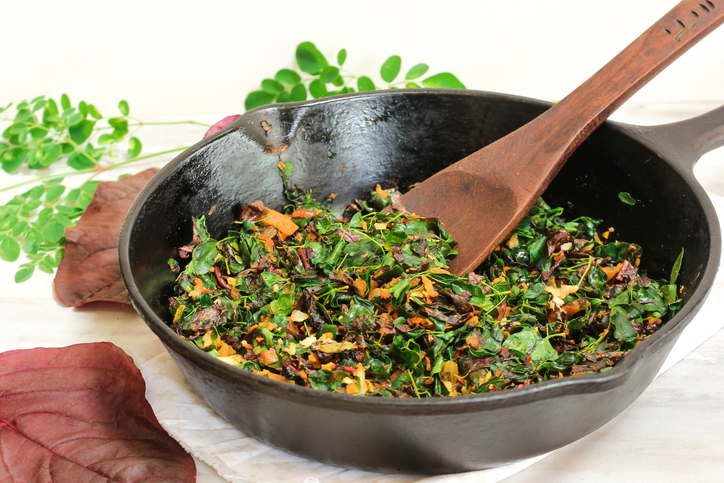 Moringa red Spinach stir fry/ Cheera Drumstick leaves Thoran, selective focus