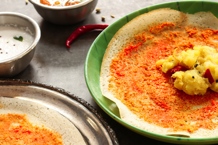 Mysore Masala Dosa served with sambar and chutney, selective focus