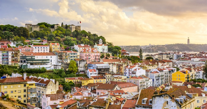 Lisbon, Portugal skyline at Sao Jorge Castle at dusk.