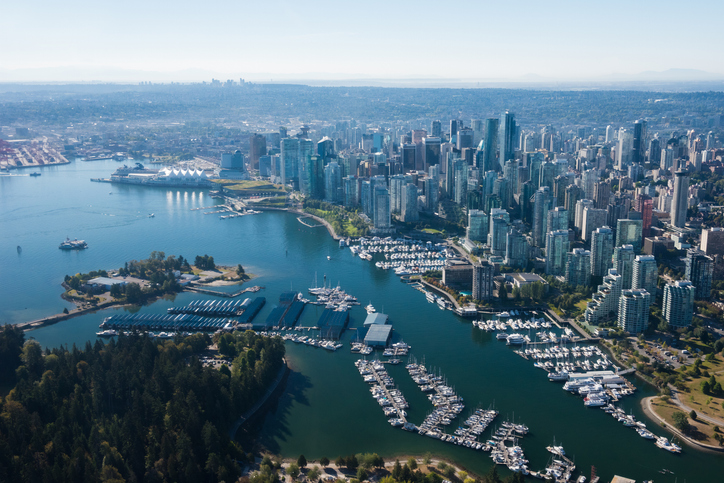 Aerial Image of Vancouver, British Columbia, Canada with Stanley Park, downtown and waterfront, Peaceful Countries