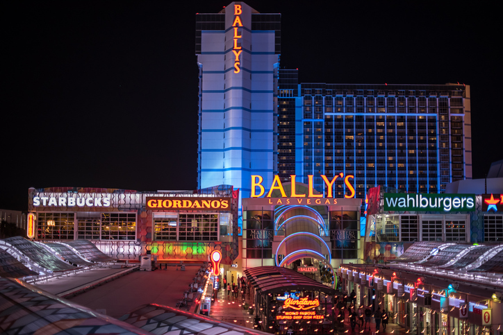 Bally's Hotel and Casino lit up at night in Las Vegas