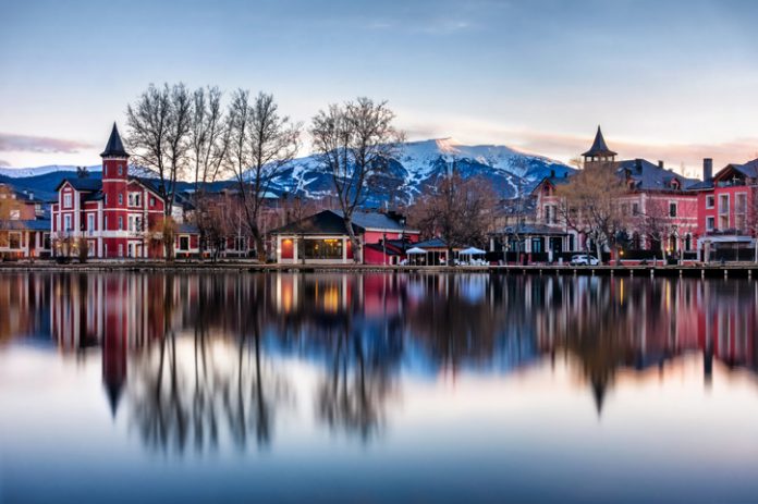 water reflection in Puigcerda lake at sunset. Spain