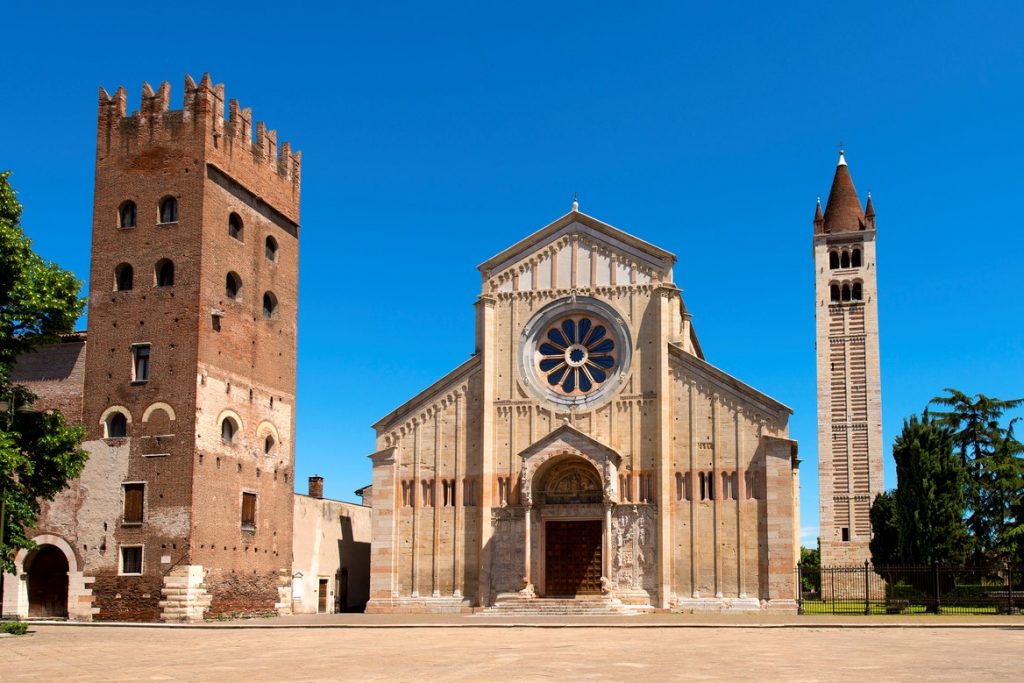 Facade and bell tower of the Church of San Zeno in Verona Italy