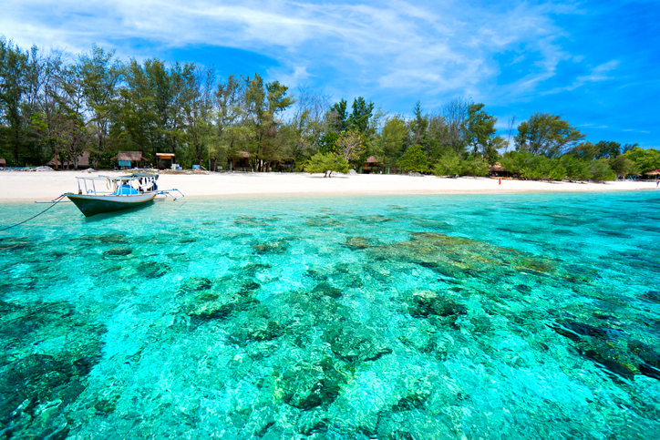 Beautiful sea of Gili Meno, with view of Gili Air. Indonesia. Southeast Asia