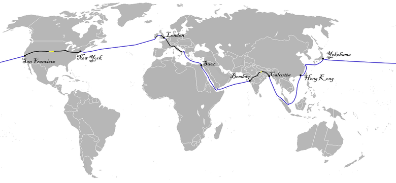 Map of the trip in Around the World in 80 Days