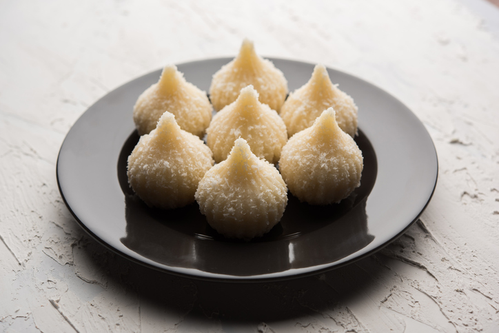 Sweet Modak made using coconut, khoya and sugar. Popular Maharashtrian recipe offered to lord Ganesha in Ganesh Festival.