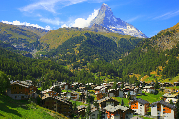 Matterhorn Above Zermatt alpine village swiss chalets panorama, Swiss Alps, Mountain Ranges, Travel Guide