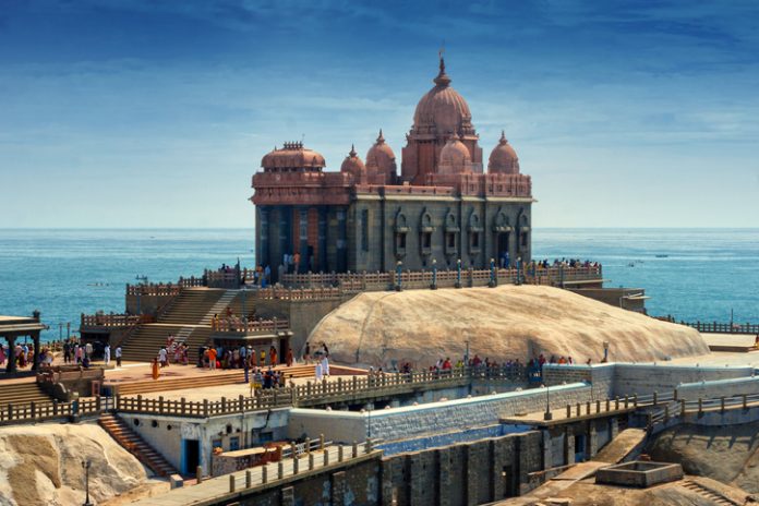A view of Swami Vivekananda Memorial center situated on a small rock island in Kanyakumari, India