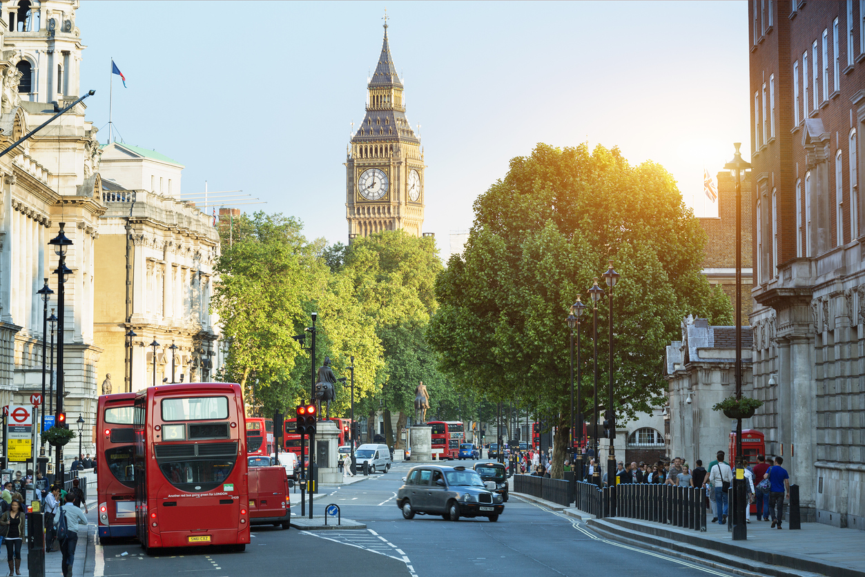 Big Ben and Whitehall from Trafalgar Square, London, vegan-friendly cities