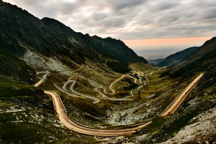 Night view of Transfagarasan serpentine in romanian Carpathians,