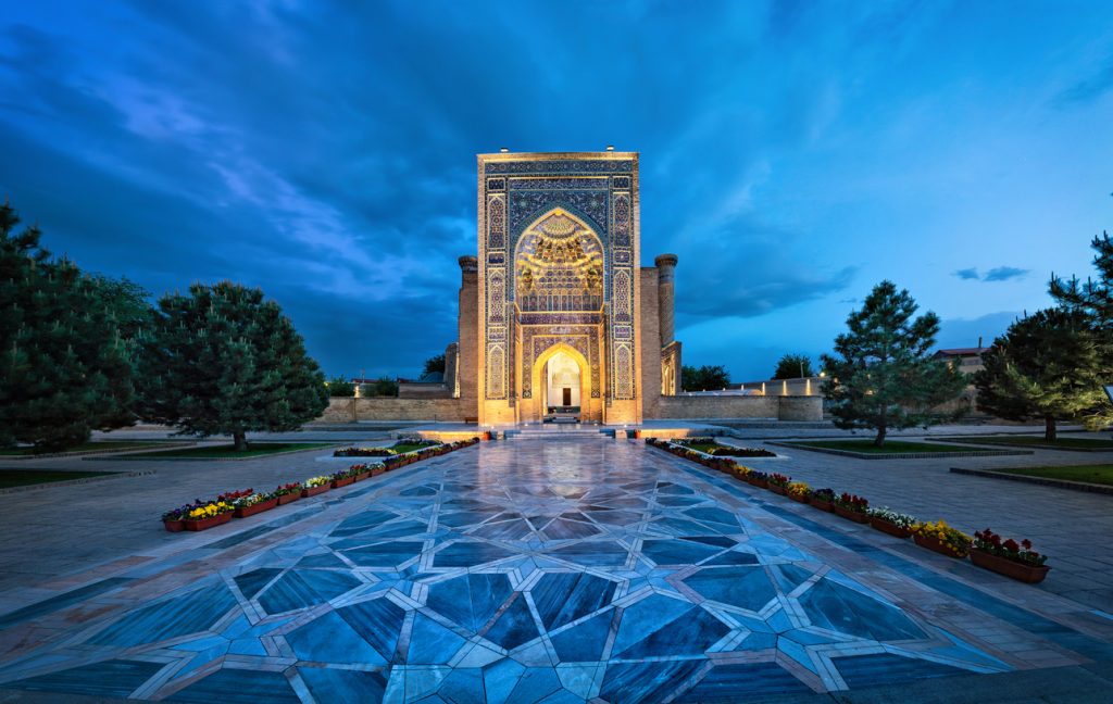 Entrance portal to Gur-e-Amir - a mausoleum of the Asian conqueror Timur (also known as Tamerlane) in Samarkand, Uzbekistan, Central Asia, Travel Guide