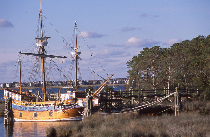 Restored ancient ship the Susan Constant at dock in Jamestown Settlement Williamsburg Virginia