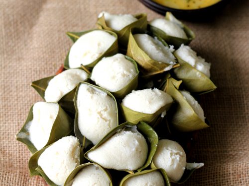 Idlies steamed in jackfruit leaves.